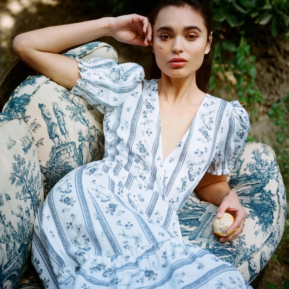 Reformation Veronika Blue floral linen wrap dress